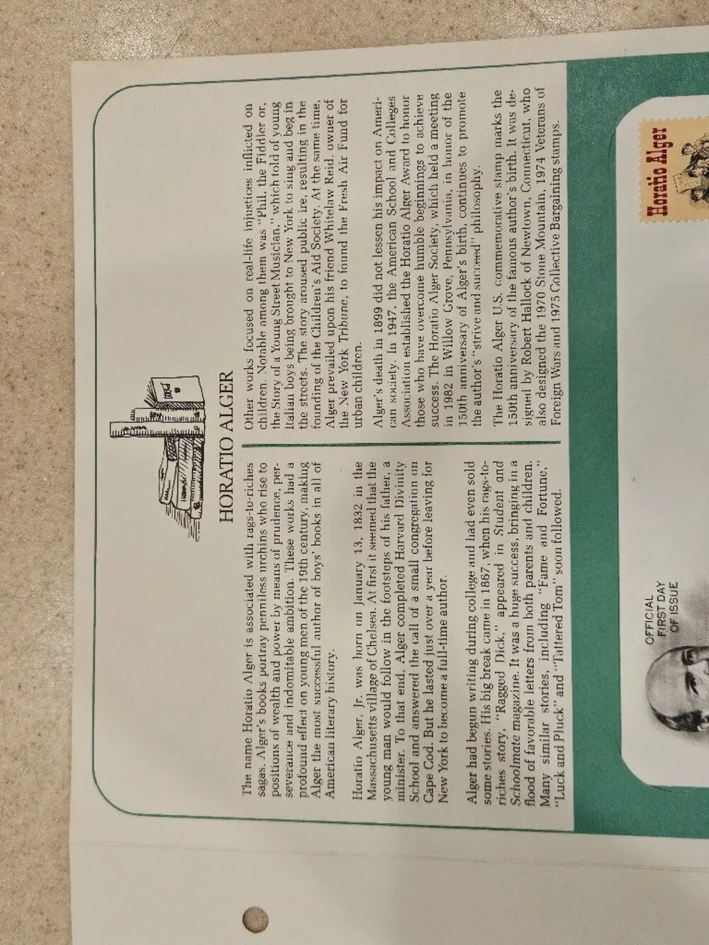 RARE COLLECTIBLE USPS 1ST DAY ISSUE COVER HORATIO ALGER STORIES FOR BOYS STAMP
